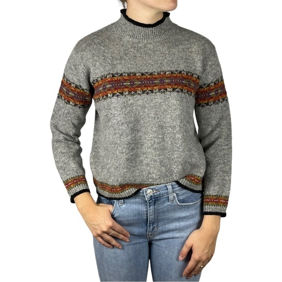 VINTAGE 90’s FAIR ISLE SHETLAND WOOL MOCK NECK OVERSIZED PULLOVER SWEATER - Picture 1 of 7